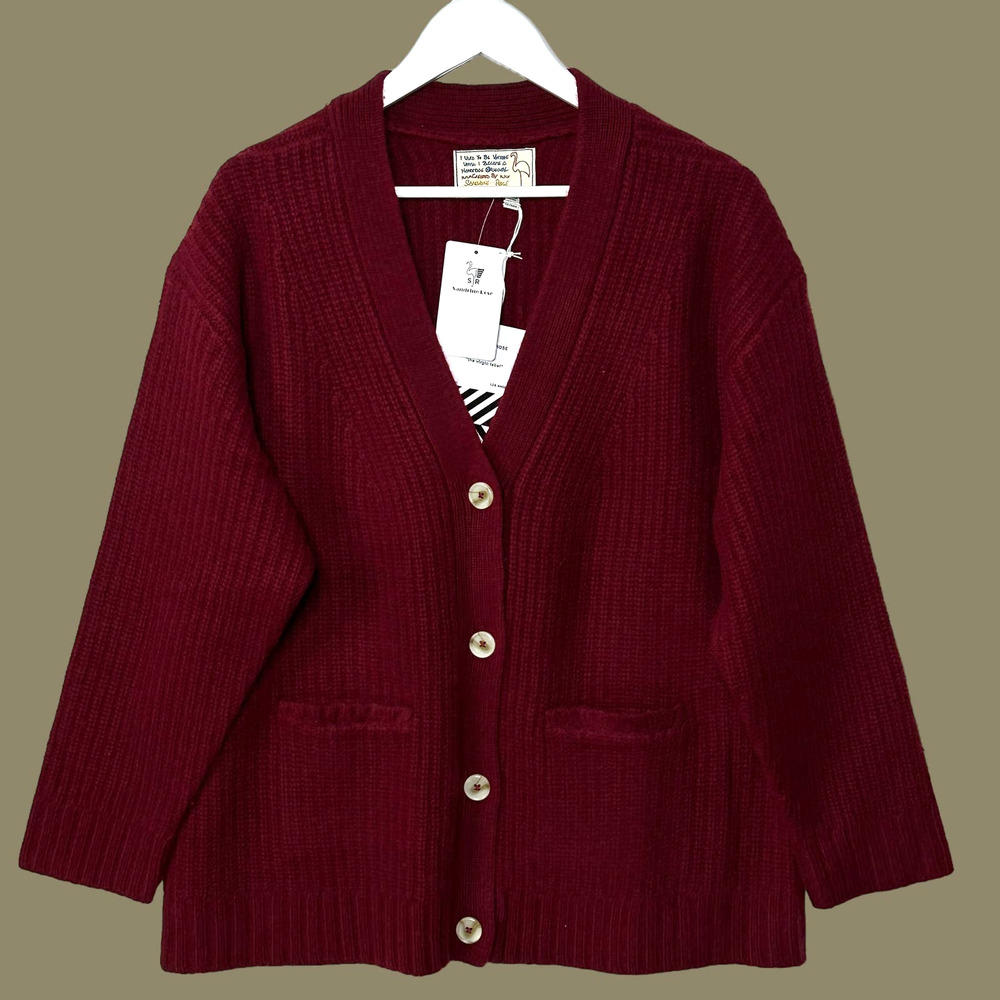 Sandrine Rose Ribbed V Neck Wool Cashmere Cardigan Burgundy Women Small NWT